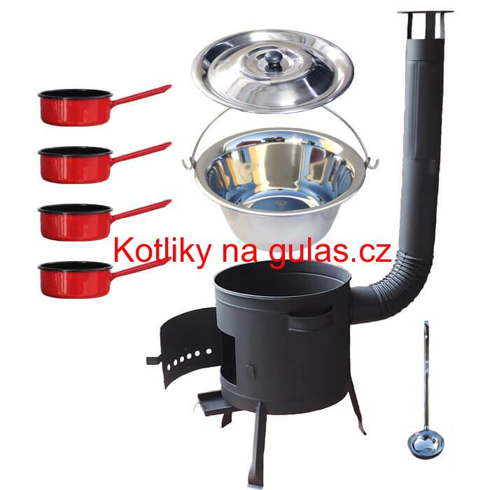 Nerezový kotlík 22 L (0,8 mm) INOX + smaltované rendlíky 4 ks + nízká žáruvzdorná kotlina 42 cm PLUS 600