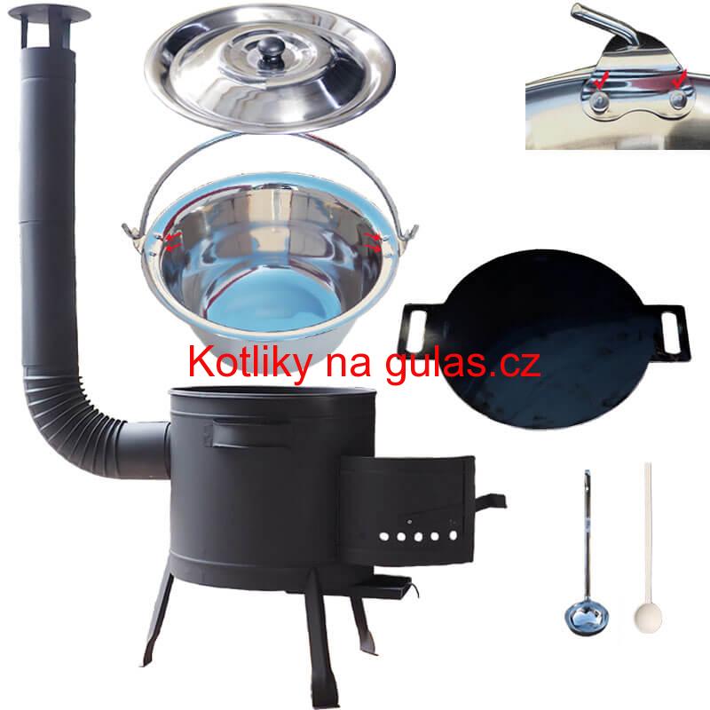 Nerezový kotlík 15 L (0,8 mm) s nýty + železná pánev 38 cm UNI + kotlina 36 cm PLUS 600