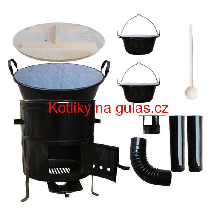 Zabijačkový smaltovaný kotel 100 L + kovová kotlina 58 cm + 2 servírovací kotlíky  a kouřovod