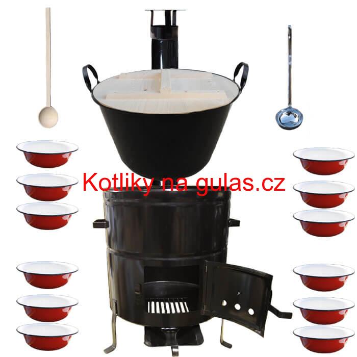 Smaltovaný kotel 100 L + smaltované talíře 12 ks vařečka a naběračka BIG PARTY