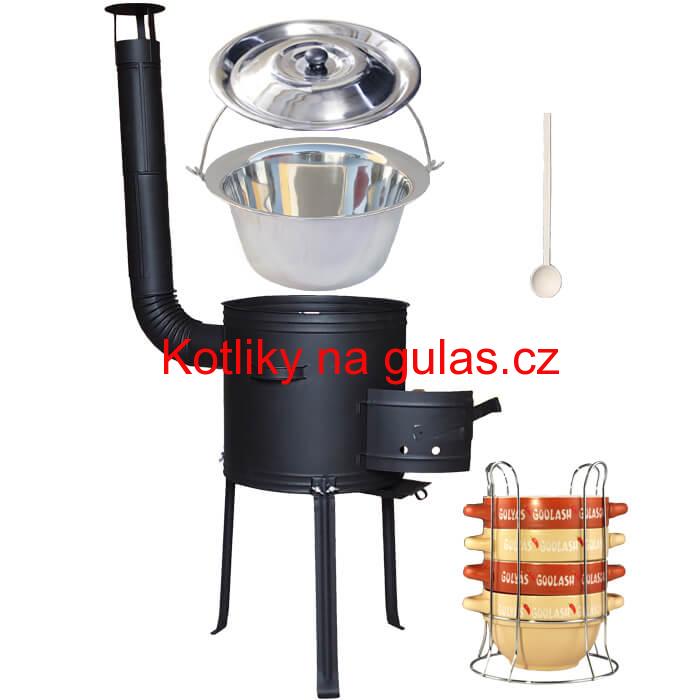Nerezový kotlík 22 L (0,8 mm) INOX + misky na guláš 4 ks + nízká žáruvzdorná kotlina 42 PLUS 700