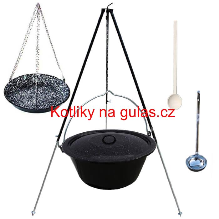 Smaltovaný kotlík 30 L + pánev na grilování + teleskopická trojnožka