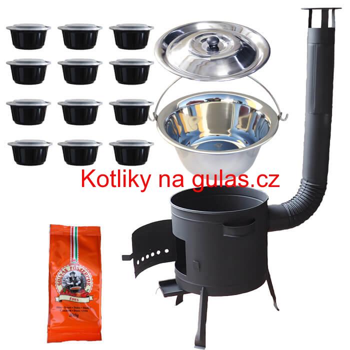 Nerezový kotlík 22 L (0,8 mm) + pepř na guláš 100 g + misky 12 ks + nízká žáruvzdorná kotlina (0,8 mm) 42 PLUS 600
