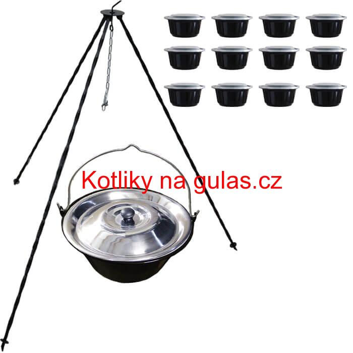 Smaltovaný kotlík 10 L (1,2 mm) + nerezová poklice + trojnožka 1,20 m + misky 12 ks