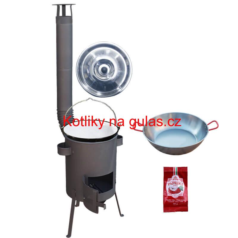 Smaltovaný kotlík 22 L + Pánev PAELLA (WOK) 45 cm + sladká paprika 50 g + žáruvzdorná kotlina 42 PLUS 600 s roštem na popel 4 mm