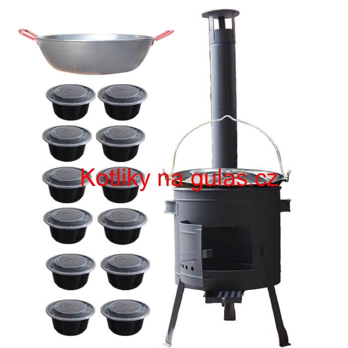 Smaltovaný kotlík 22 L + Pánev PAELLA (WOK) 45 cm + misky 12 ks + nízká kotlina 42 PLUS 600