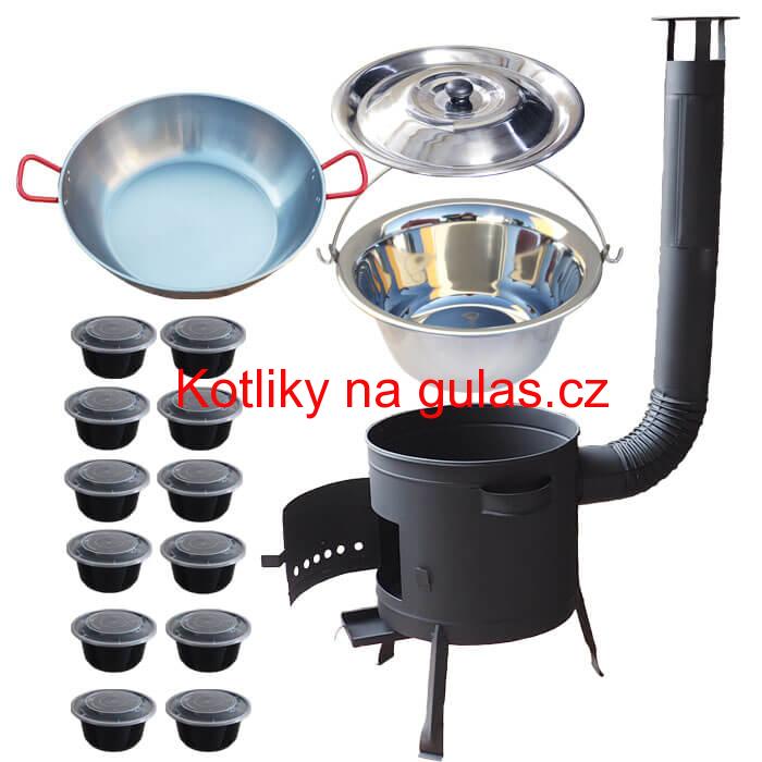 Nerezový kotlík 22 L (0,8 mm) INOX + Pánev PAELLA (WOK) 45 cm + misky 12 ks + nízká kotlina 42 PLUS 600
