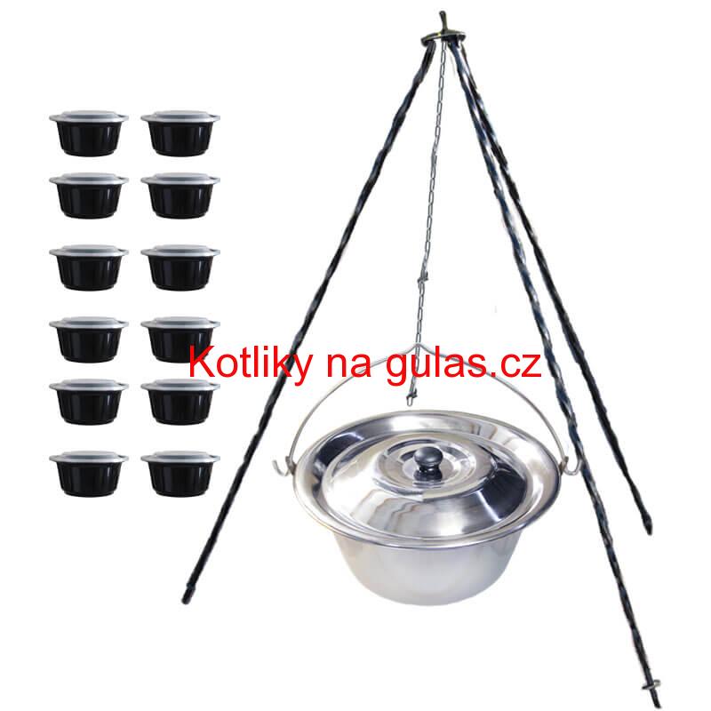 Nerezový kotlík 10 L (0,8 mm) INOX + poklice + trojnožka 1,20 m + misky 12 ks