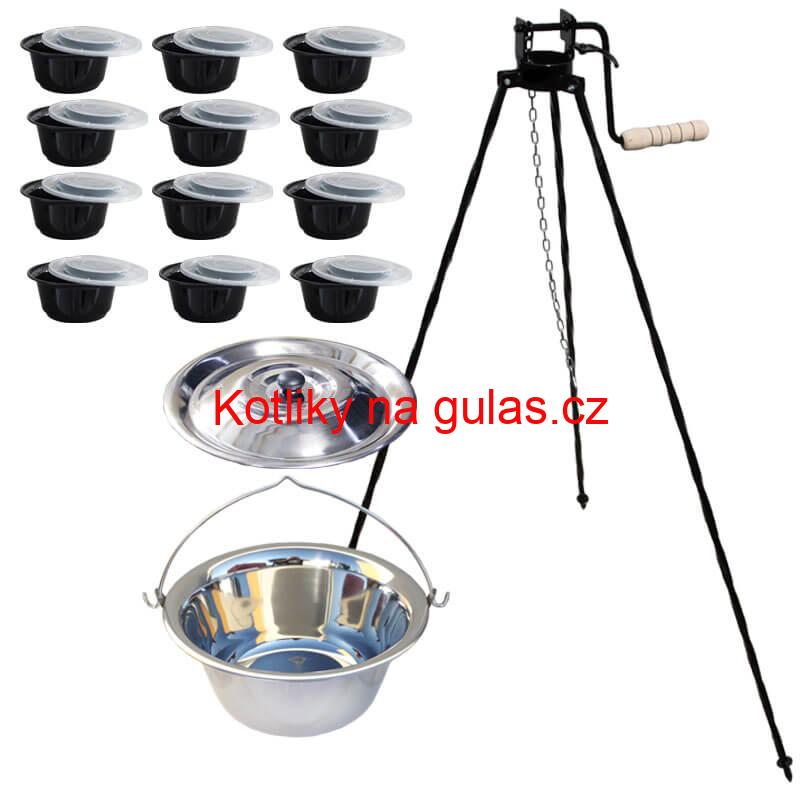 Nerezový kotlík 14 L (0,8 mm) INOX + stojan s kladkou VAR + misky 12 ks