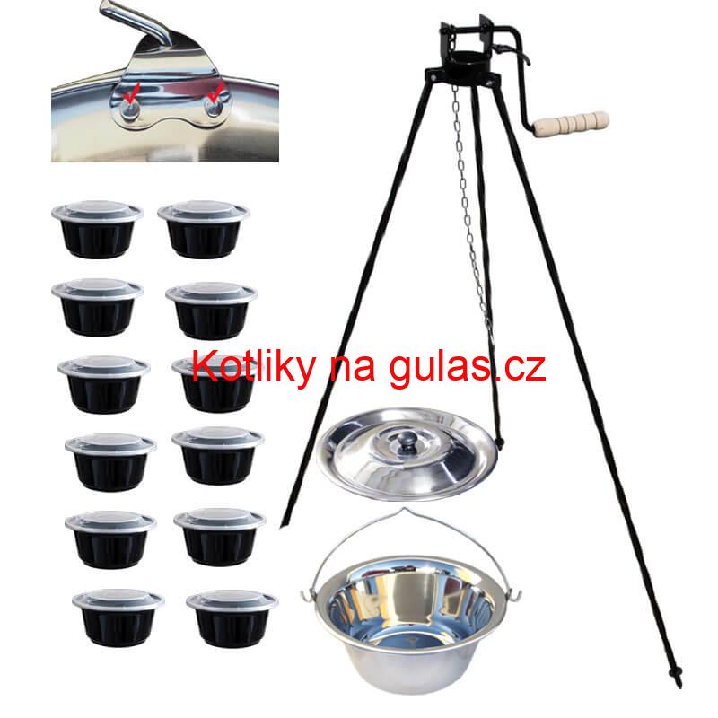Nerezový kotlík 15 L (0,8 mm) s nýty + stojan s kladkou VAR + misky 12 ks