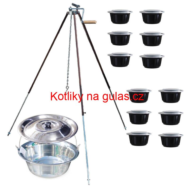 Nerezový kotlík 20 L (1,2 mm) + teleskopická trojnožka s pojistnou kladkou + misky 12 ks