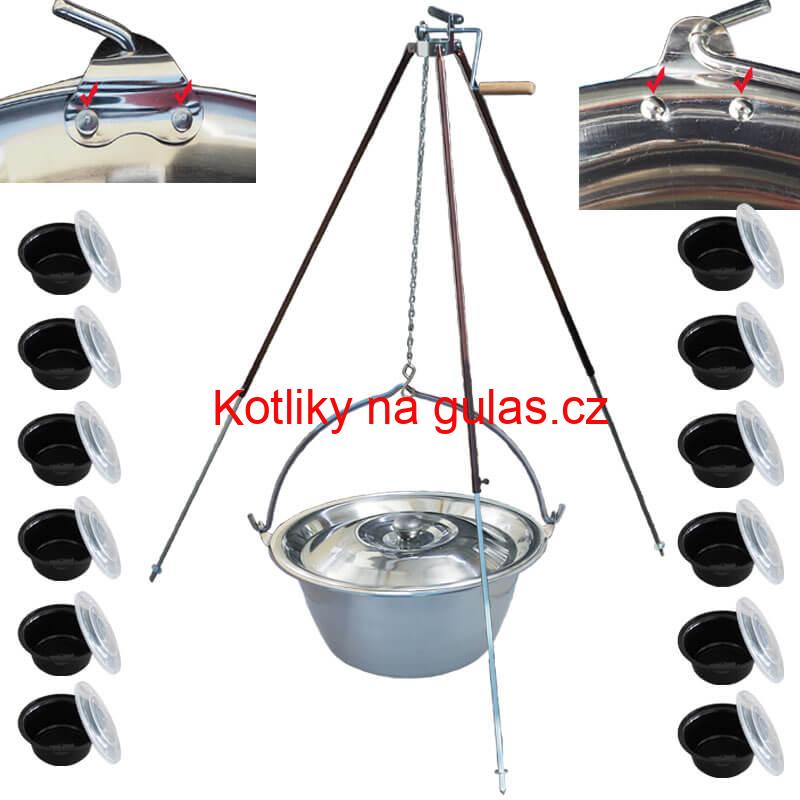 Nerezový kotlík 30 L (0,8 mm) s nýty + teleskopická trojnožka s pojistnou kladkou + misky 12 ks