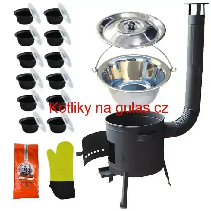 Nerezový kotlík 22 L (0,8 mm) + misky 12 ks + nízká žáruvzdorná kotlina (0,8 mm) 42 PLUS 600