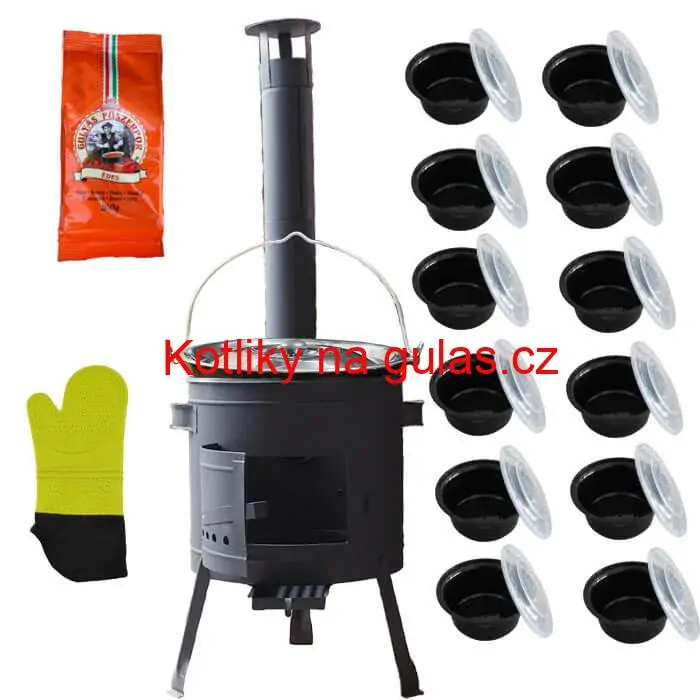 Smaltovaný kotlík 22 L (1,2 mm) + misky 12 ks + nízká žáruvzdorná kotlina (1,5 mm) 42 PLUS 600