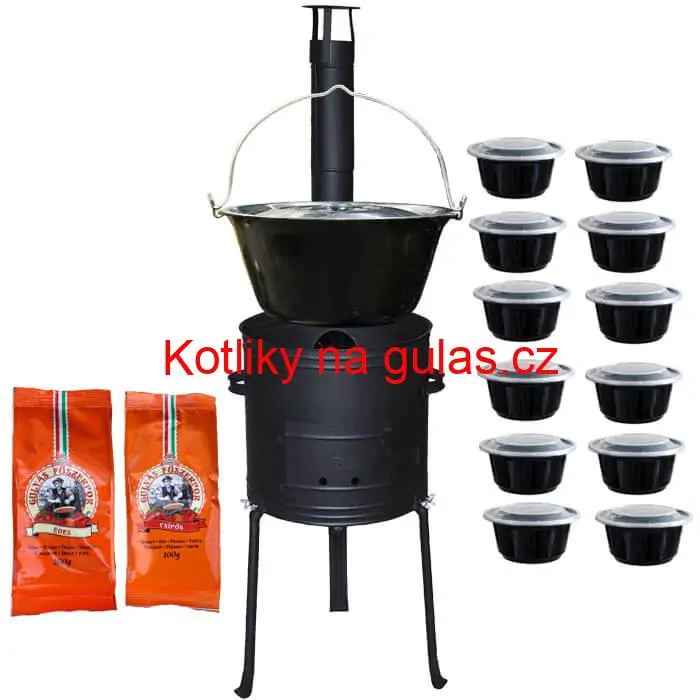 Smaltovaný kotlík 22 L (1,2 mm) + žáruvzdorná kotlina 42 cm Plus 700 + misky 12 ks + 2 x pepř na guláš 100 g
