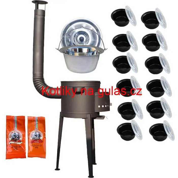 Nerezový kotlík 22 L (0,8 mm) INOX + vysoká žáruvzdorná kotlina 42 cm PLUS 600 + misky 12 ks + 2 x pepř na guláš 100 g
