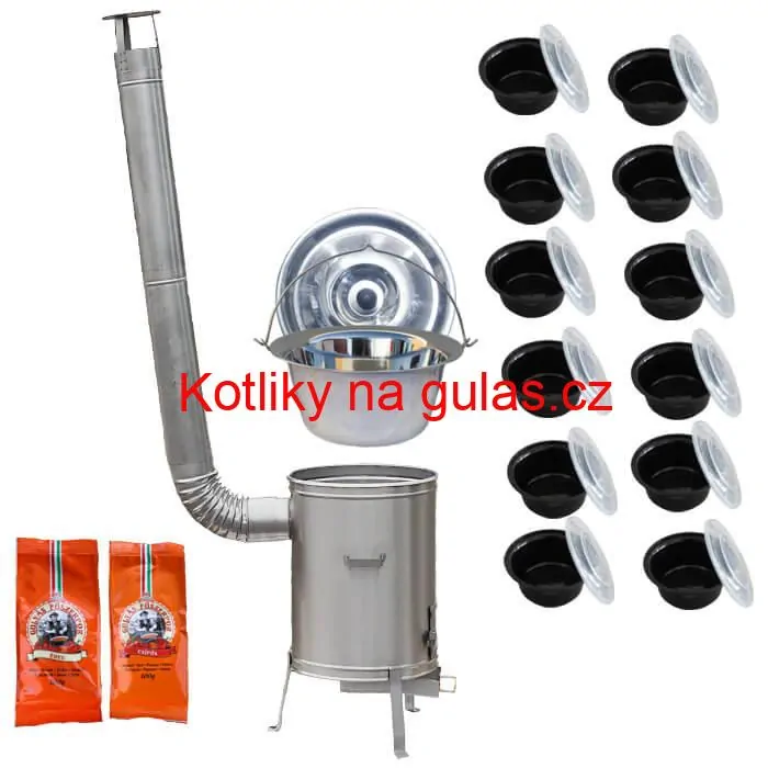 Nerezový kotlík 22 L (0,8 mm) INOX + nerezová kotlina 42 cm LUX + misky 12 ks + 2 x pepř na guláš 100 g