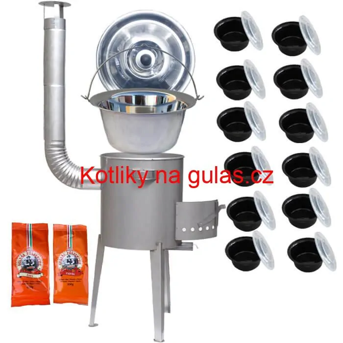 Nerezový kotlík 22 L (0,8 mm) INOX + nerezová kotlina 42 cm LUXUS + misky 12 ks + 2 x pepř na guláš 100 g