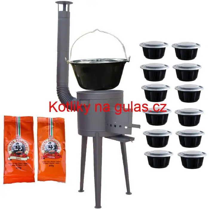 Smaltovaný kotlík 22 L (1,2 mm) + vysoká žáruvzdorná kotlina (1,5 mm) HODO 42 cm PLUS 600 + misky 12 ks + 2 x pepř na guláš 100 g