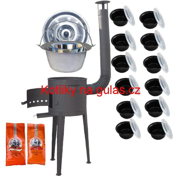 Nerezový kotlík 22 L (0,8 mm) INOX + vysoká žáruvzdorná kotlina (1,5 mm) HODO 42 cm PLUS 600 + misky 12 ks + 2 x pepř na guláš 100 g