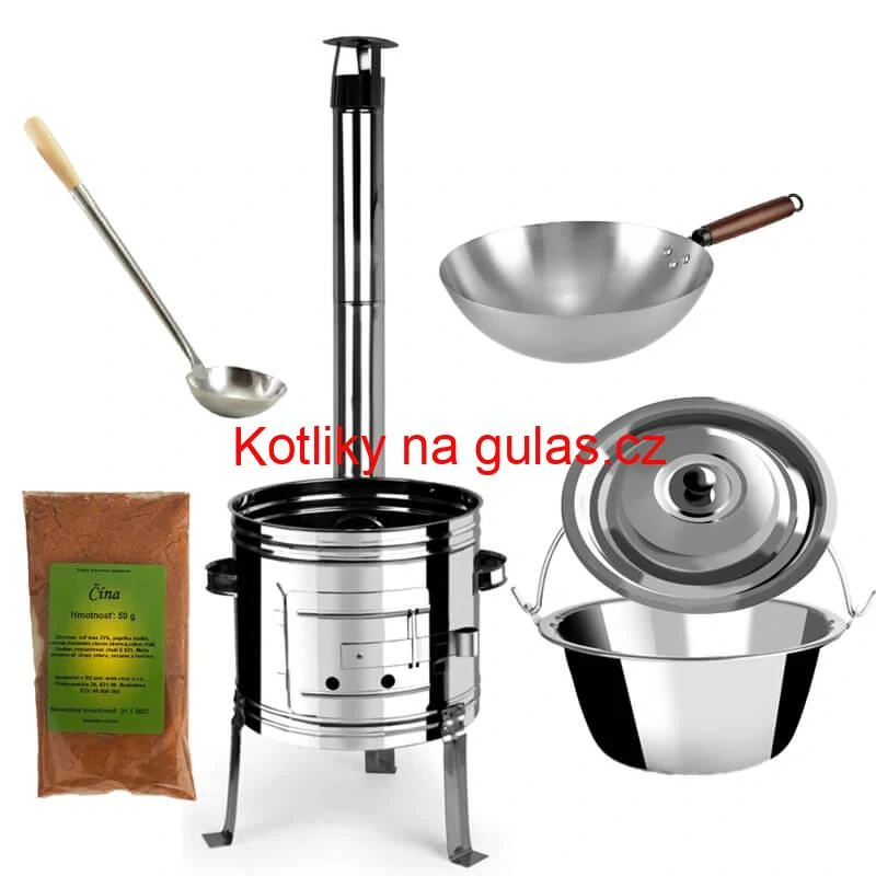 Nerezový kotlík 10 L (0,8 mm) + nerezová kotlina 31 INOX + Wok + koření 50 g