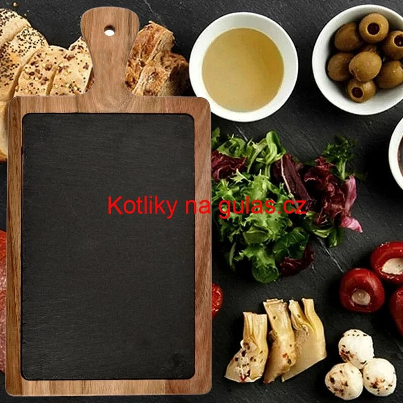 Servírovací podnos s břidlicovou deskou a rukojetí z akáciového dřeva 26 x 18 cm