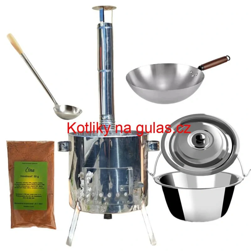 Nerezový kotlík 10 L (0,8 mm) + nerezová kotlina 31 INOX LUSTRO + Wok + koření 50 g