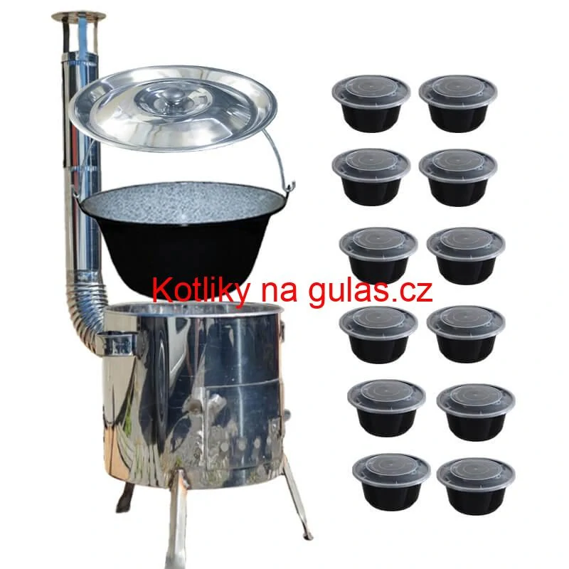 Smaltovaný kotlík 13 L + nerezová kotlina 36 INOX LUSTRO + misky 12 ks