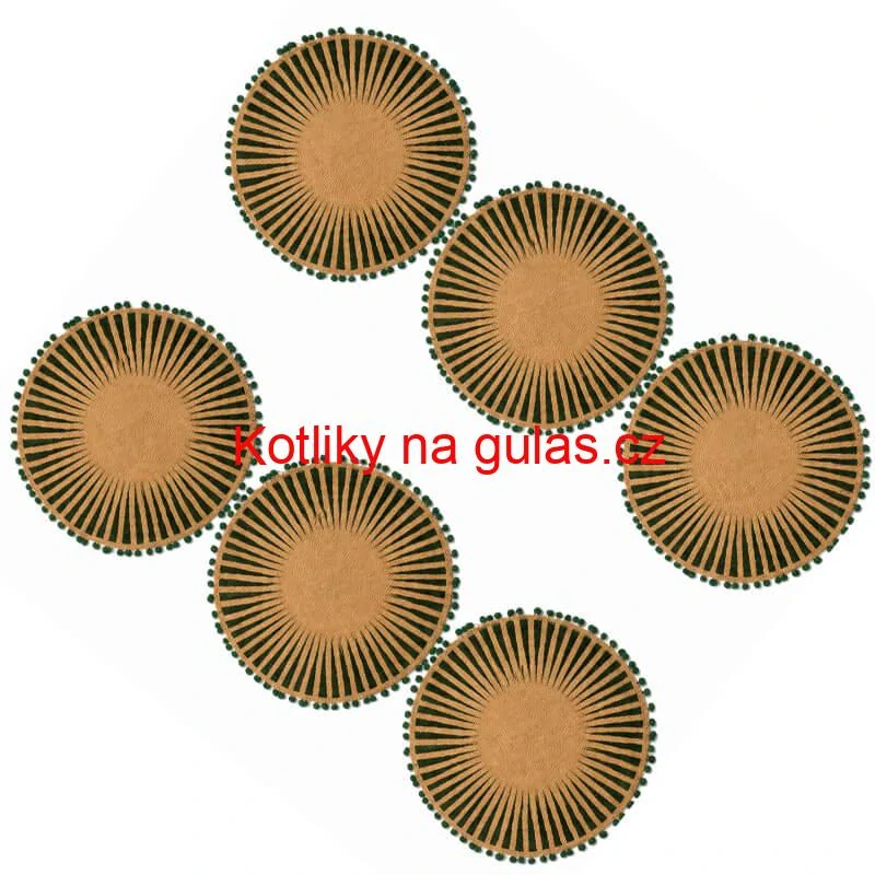 Kulaté jutové podložky pod talíř zelené s bambulkami 37 cm, 6 ks