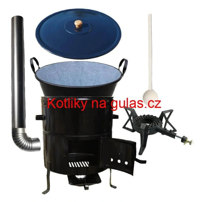 Zabijačkový smaltovaný kotel 50 L + kovová kotlina 50 cm + hořák 7 kW + kouřovod