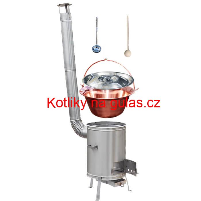 Měděný kotlík 10 L (1,2 mm) + nerezová kotlina 36 cm + vařečka a naběračka LUX