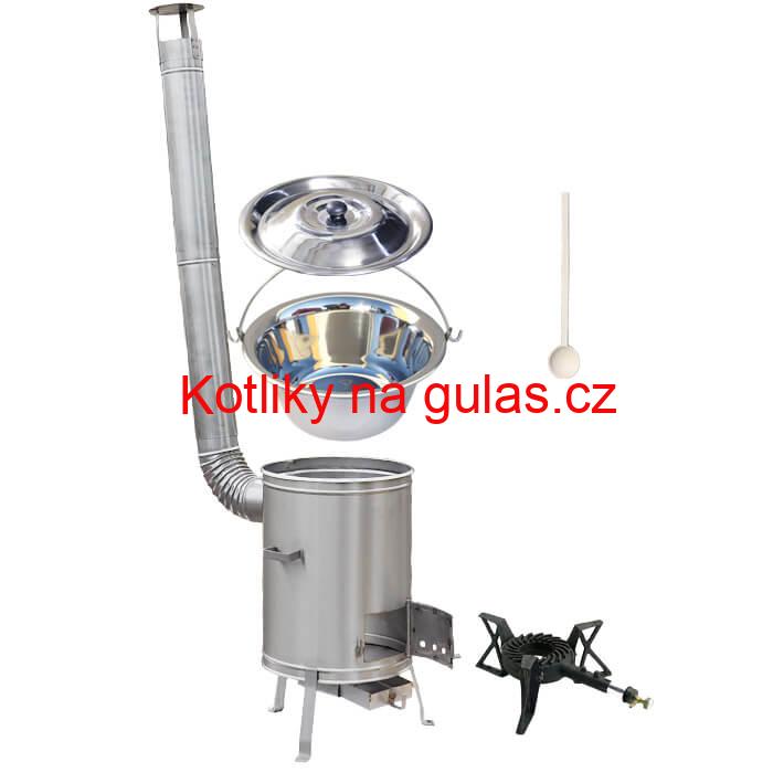 Nerezový kotlík 10 L (1,2 mm) + nerezová kotlina 36 cm + litinový hořák 7 kW, vařečka LUX