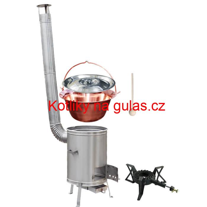 Měděný kotlík 14 L (1,2 mm) + nerezová kotlina 36 cm + litinový hořák 7 kW, vařečka LUX