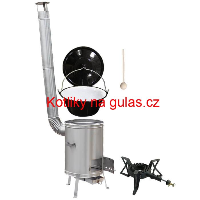 Smaltovaný kotlík 20 L (1,2 mm) + nerezová kotlina 42 cm + litinový hořák 7 kW, vařečka LUX
