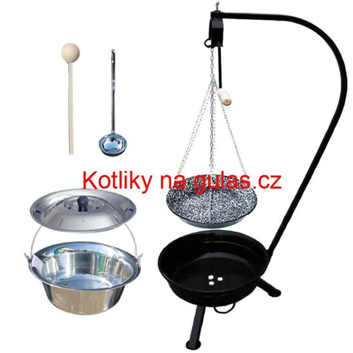 Nerezový kotlík 14 L (0,8 mm) INOX + smaltovaná pánev + ohniště se stojanem as pojistnou kladkou VAR