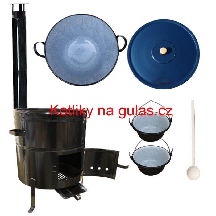 Zabijačkový smaltovaný kotel 70 L + kovová kotlina 56 cm + 2 servírovací kotlíky  a kouřovod