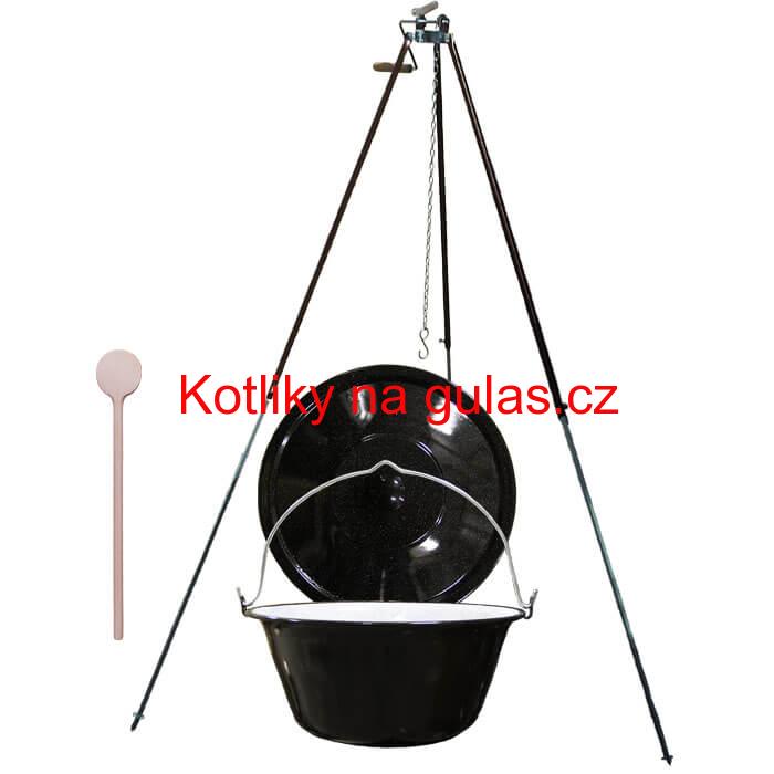 Smaltovaný kotlík 25 L (1,2 mm) + teleskopická trojnožka s pojistnou kladkou + poklice