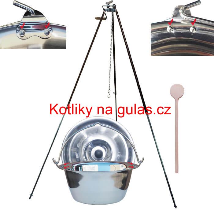 Nerezový kotlík 20 L (0,8 mm) s nýty + teleskopická trojnožka s pojistnou kladkou + poklice