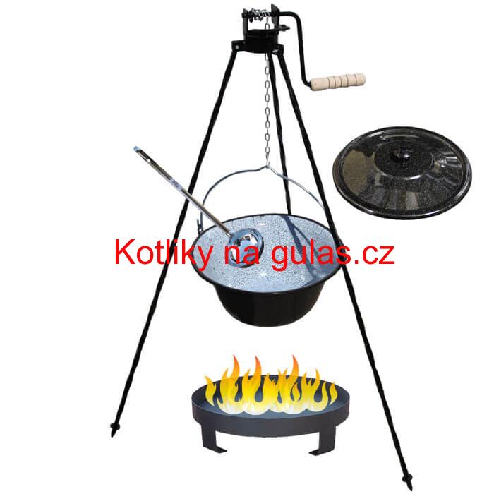 Smaltovaný kotlík 16 L (1,2 mm) + Ohniště + stojan s kladkou VAR