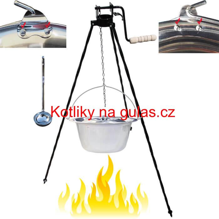 Nerezový kotlík 15 L (0,8 mm) s nýty + stojan s kladkou VAR