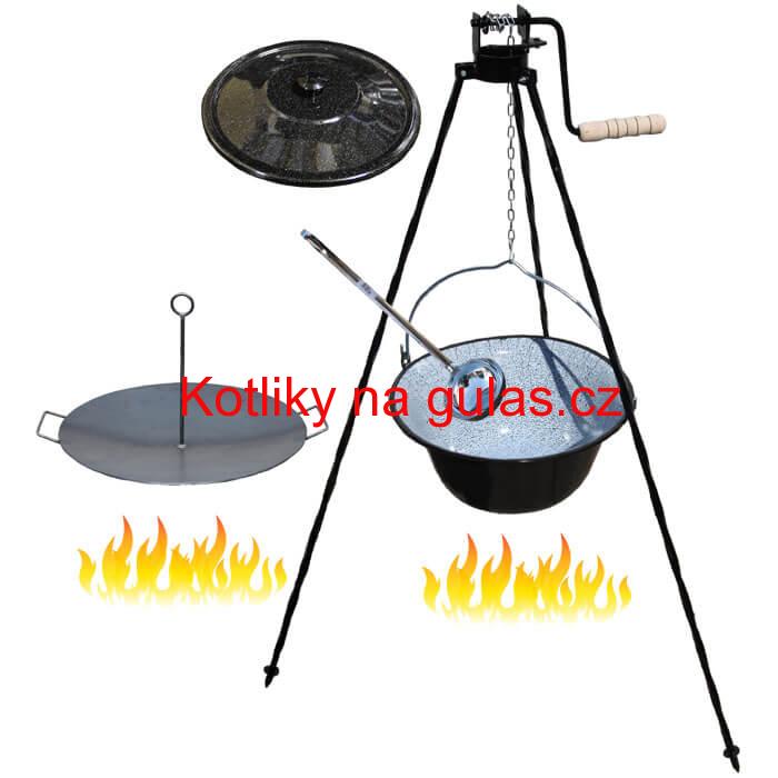 Smaltovaný kotlík 16 L (1,2 mm) + pánev na grilování a stojan s kladkou VAR