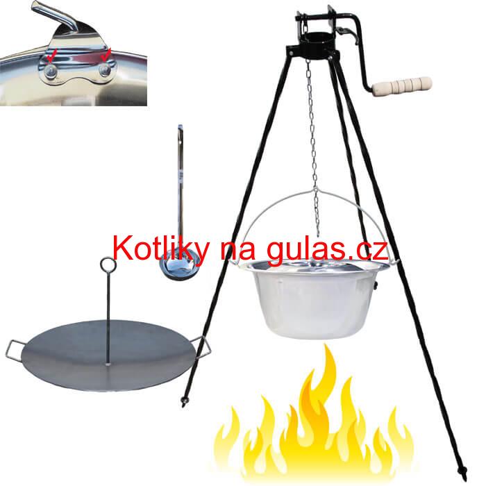 Nerezový kotlík 15 L (0,8 mm) s nýty + pánev na grilování a stojan s kladkou VAR