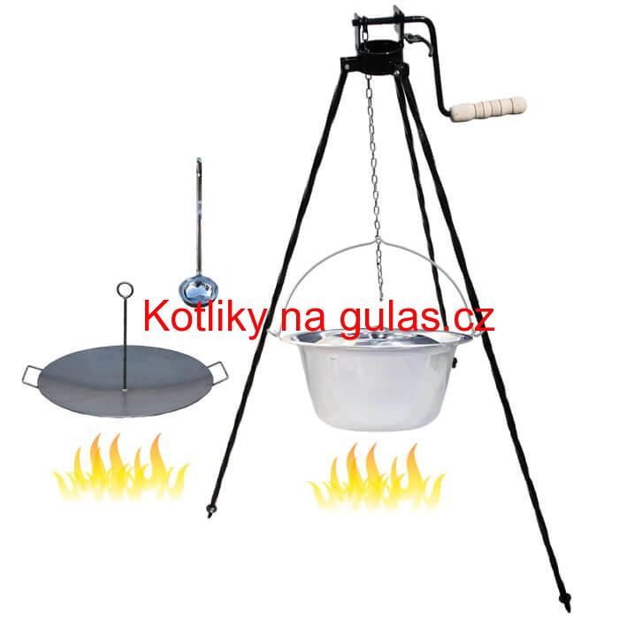 Nerezový kotlík 22 L (0,8 mm) + pánev na grilování a stojan s kladkou VAR