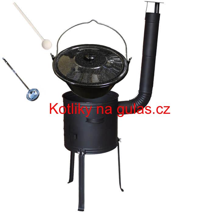 Smaltovaný kotlík 13 L (1,2 mm) + kovová kotlina s vysokými nožičkami 36 cm + vařečka a naběračka