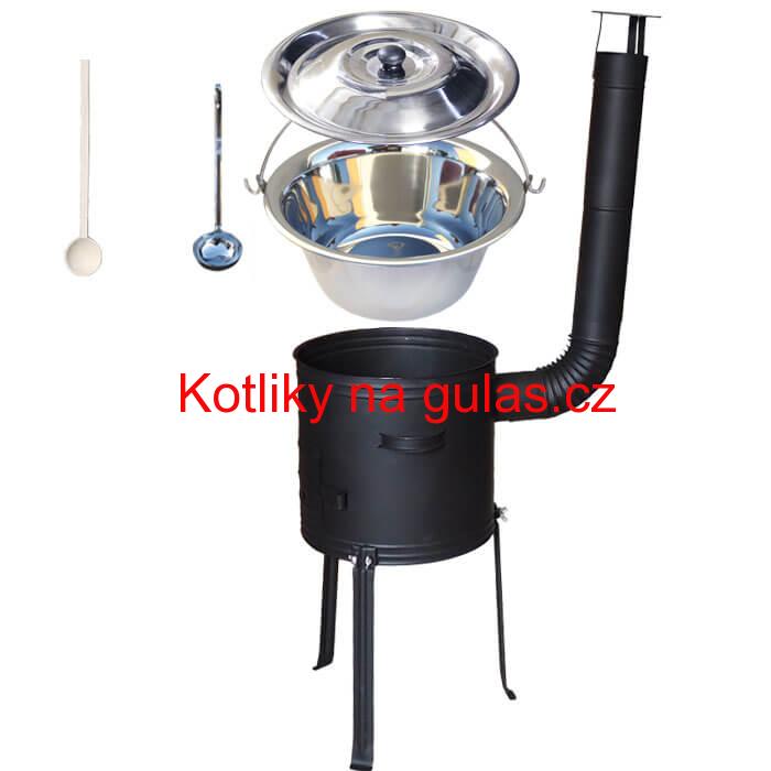 Nerezový kotlík 20 L (1,2 mm) + kovová kotlina s vysokými nožičkami 42 cm, žáruvzdorná barva Plus 700 + vařečka a naběračka