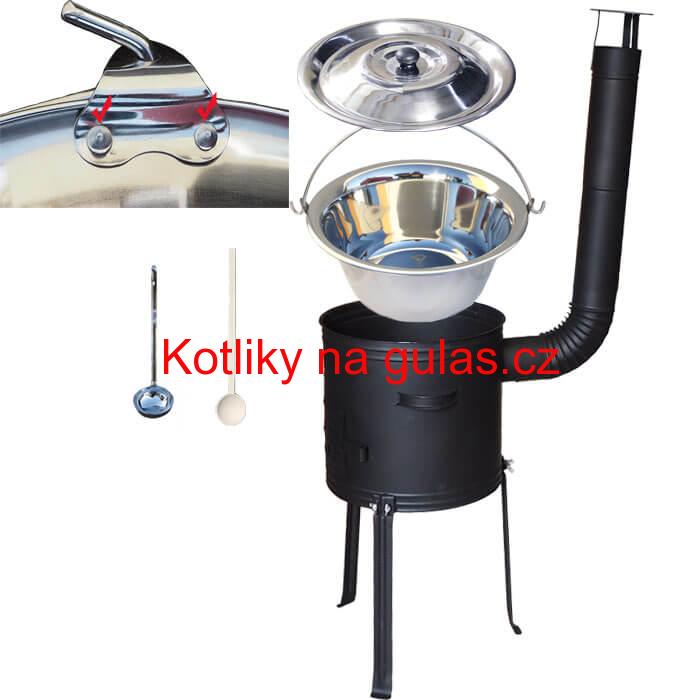 Nerezový kotlík 15 L (0,8 mm) zesílený s nýty + kovová kotlina s vysokými nožičkami 36 cm, žáruvzdorná barva Plus 700 + vařečka a naběračka