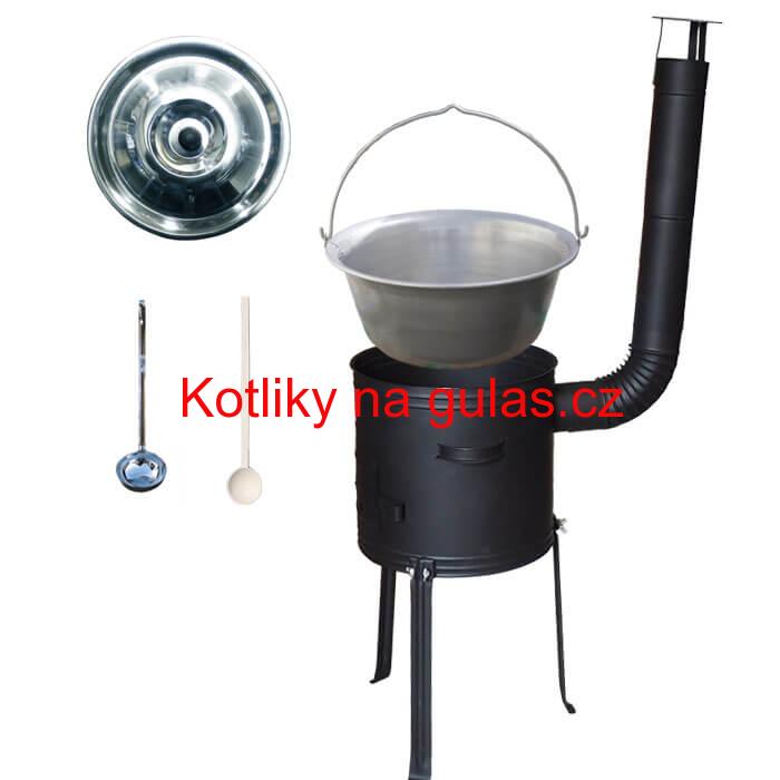 Nerezový kotlík 15 L (1,5 mm) + kovová kotlina s vysokými nožičkami 36 cm, žáruvzdorná barva Plus 700 + vařečka a naběračka