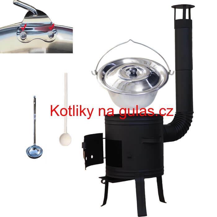Nerezový kotlík 10 L (0,8 mm) s nýty + nízká žáruvzdorná kotlina 33 cm PLUS 700 + vařečka a naběračka
