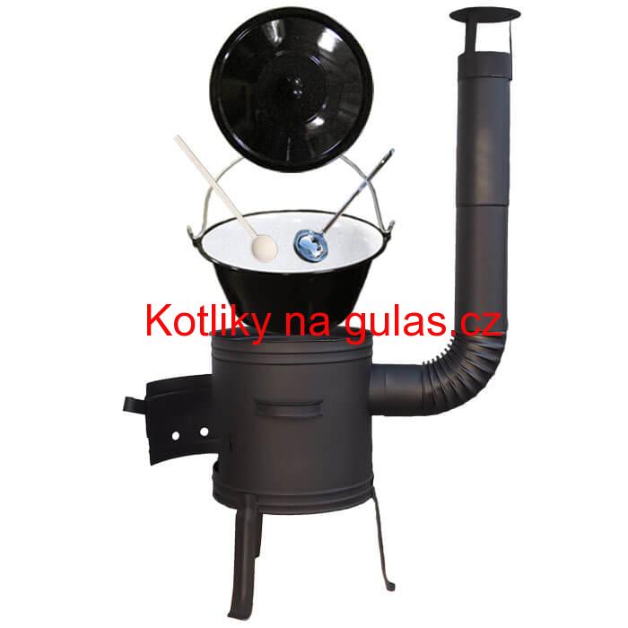 Smaltovaný kotlík 10 L (1,2 mm) + nízká žáruvzdorná kotlina 33 cm PLUS 700 + vařečka a naběračka