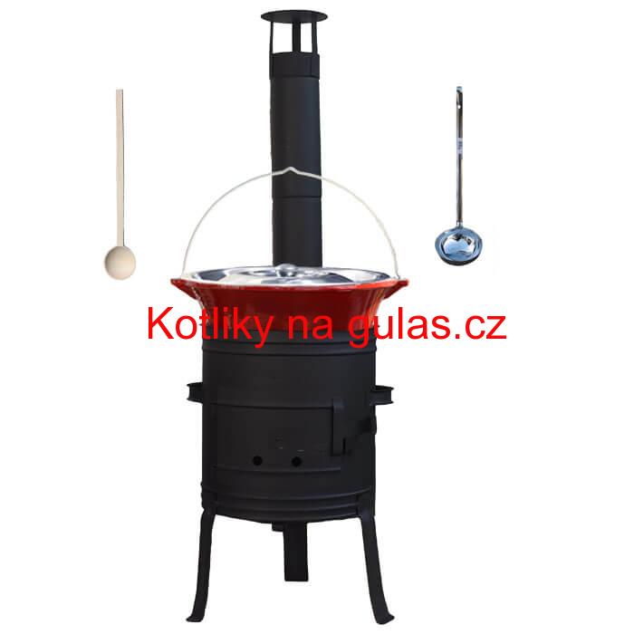 Litinový kotlík 10 L se smaltovanou úpravou + nízká žáruvzdorná kotlina 33 cm PLUS 700 + vařečka a naběračka